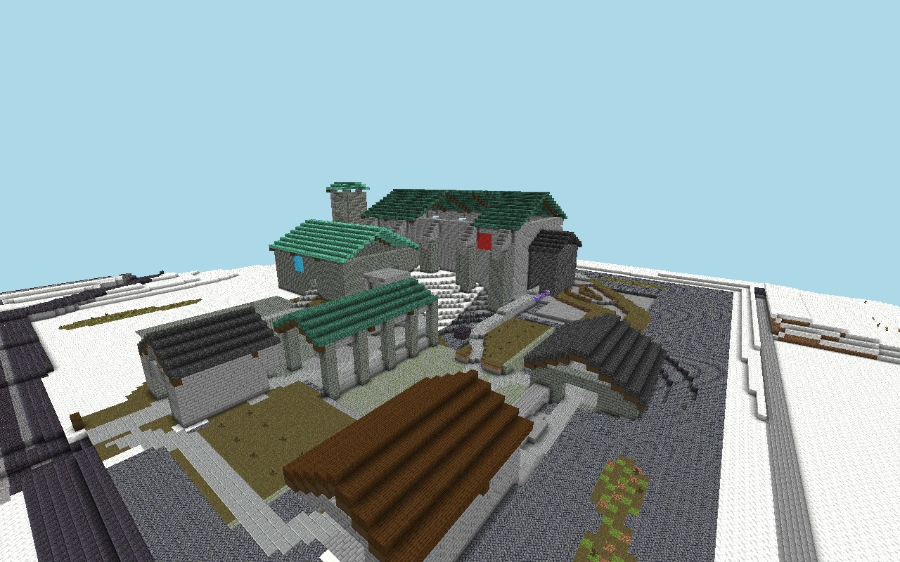 Monasterio de los Estandartes Invertidos — Vista desde media distancia. Vista renderizada del mapa guardado, con iluminación simulada.