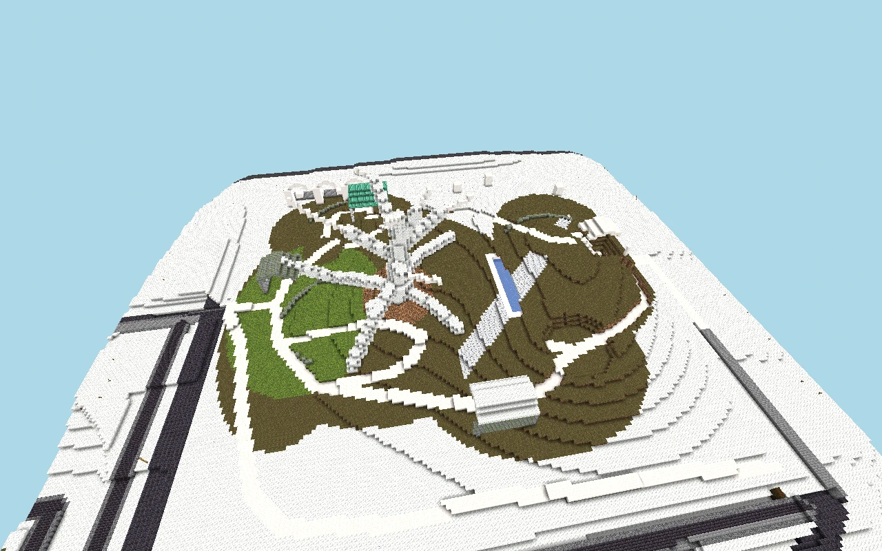 Jardín del Juicio Tardío - Vista aérea. Vista renderizada del mapa guardado, con iluminación simulada.