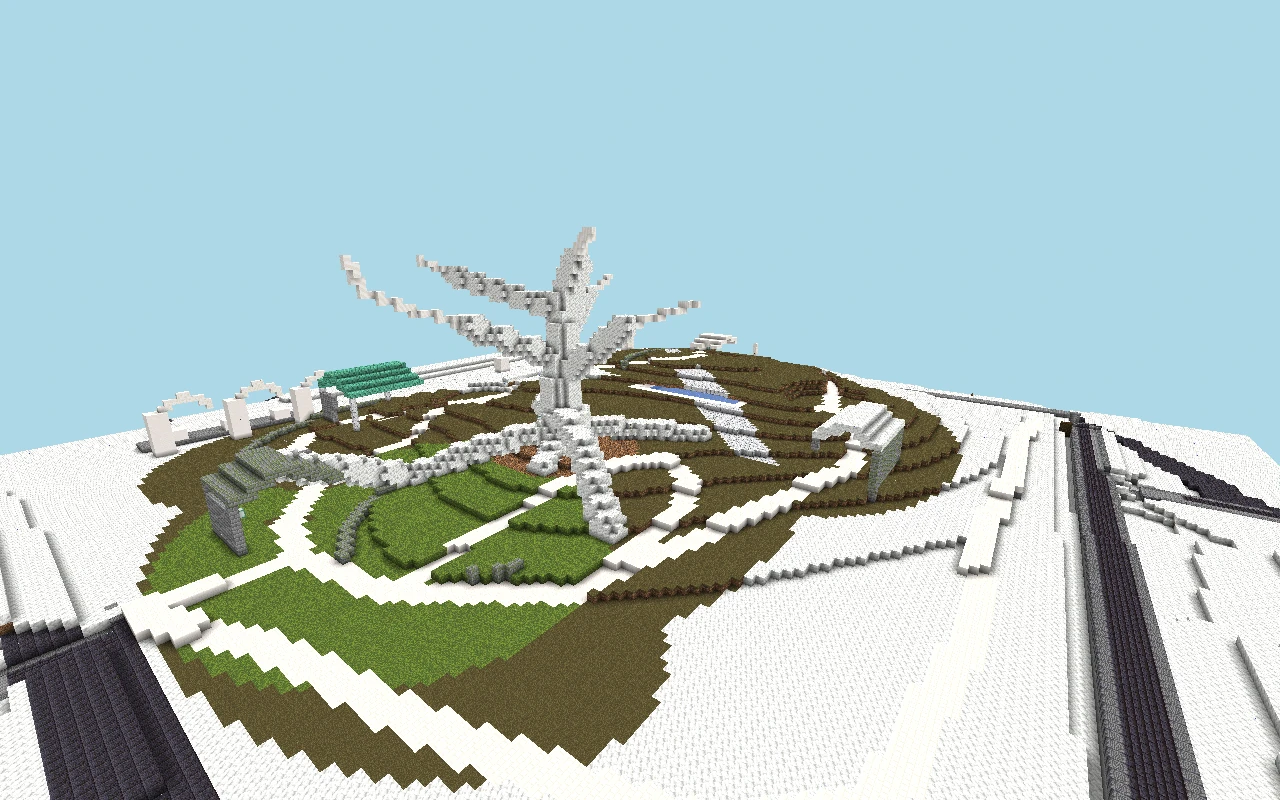 Jardín del Juicio Tardío: vista desde media distancia. Vista renderizada del mapa guardado, con iluminación simulada.